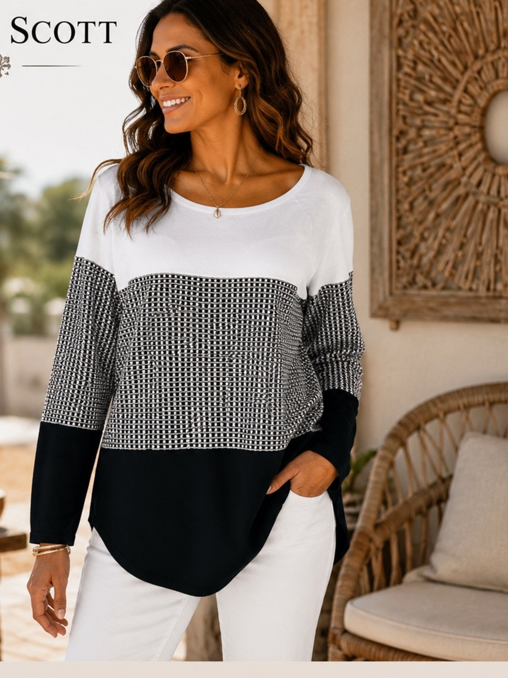 NWT, Karen Scott, Textured Cotton, Color-block Pullover Sweater, Lovely, Size M
